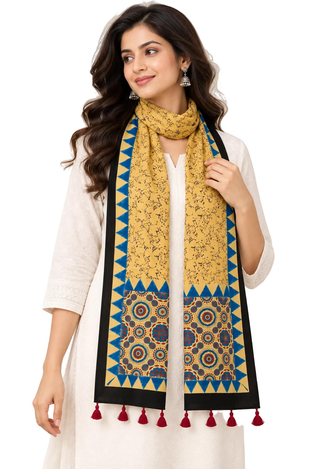 Naturalfab Women’s Beige & Indigo Ajrakh Pure Modal Silk Stole with Tassels