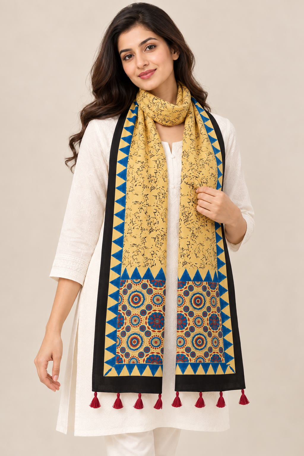 Naturalfab Women’s Beige & Indigo Ajrakh Pure Modal Silk Stole with Tassels