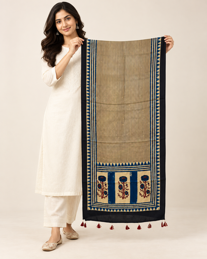 Naturalfab Women’s Beige & Navy Ajrakh Pure Modal Silk Stole with Tassels