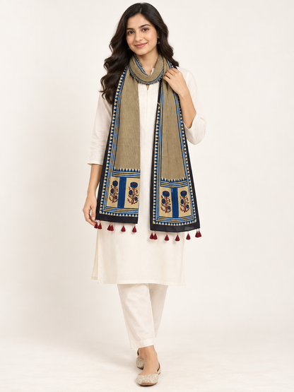 Naturalfab Women’s Beige & Navy Ajrakh Pure Modal Silk Stole with Tassels