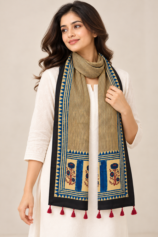 Naturalfab Women’s Beige & Navy Ajrakh Pure Modal Silk Stole with Tassels