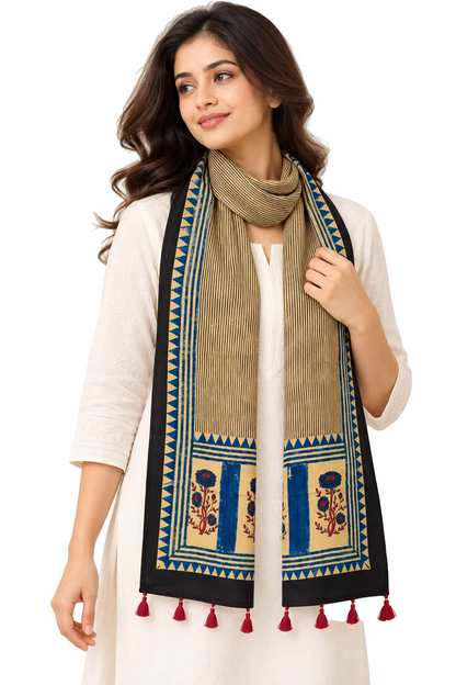 Naturalfab Women’s Beige & Navy Ajrakh Pure Modal Silk Stole with Tassels