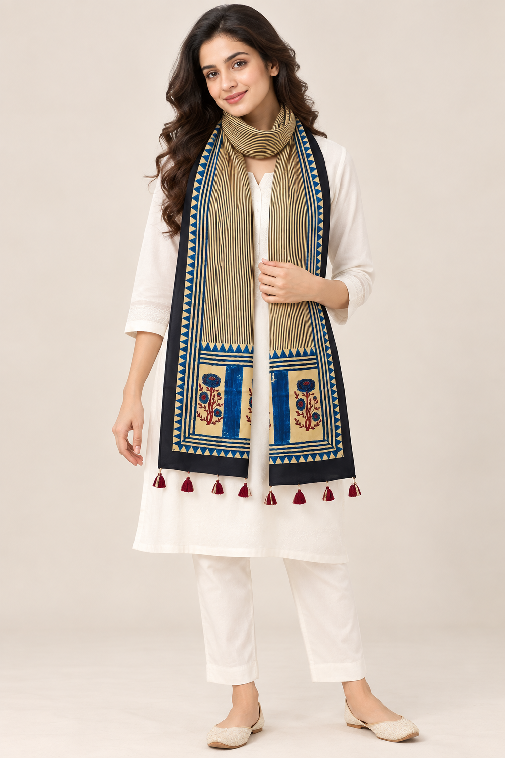 Naturalfab Women’s Beige & Navy Ajrakh Pure Modal Silk Stole with Tassels