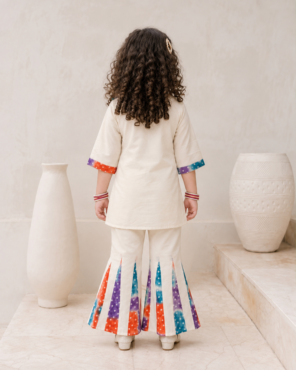 Natural Fab Girls Ivory Co-Ord Set with Multicolor Bandhani Panel, Tassels & Flared Pants