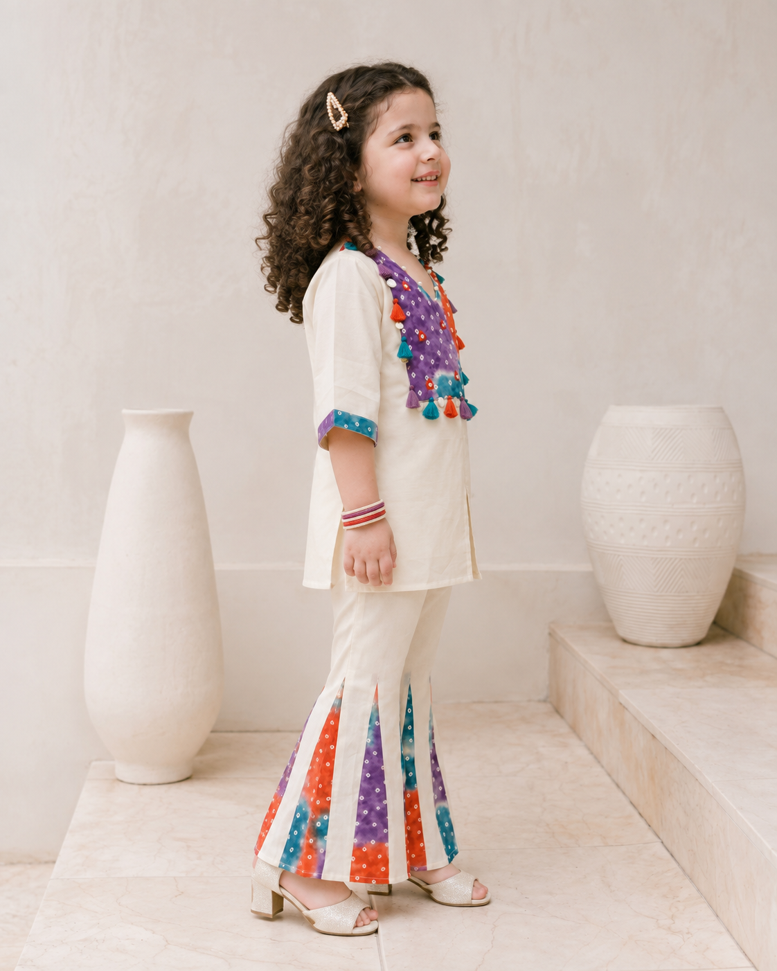 Natural Fab Girls Ivory Co-Ord Set with Multicolor Bandhani Panel, Tassels & Flared Pants