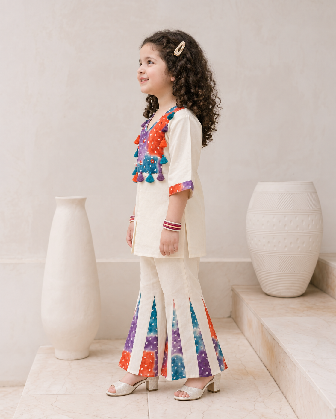 Natural Fab Girls Ivory Co-Ord Set with Multicolor Bandhani Panel, Tassels & Flared Pants