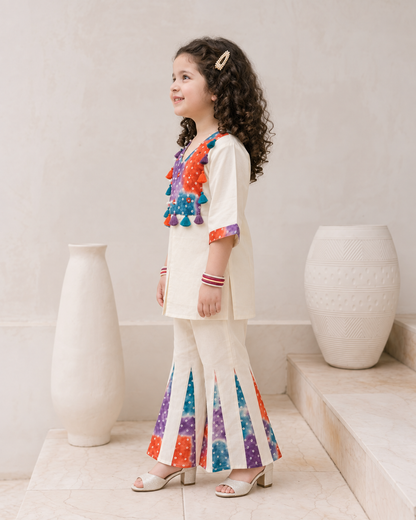 Natural Fab Girls Ivory Co-Ord Set with Multicolor Bandhani Panel, Tassels & Flared Pants