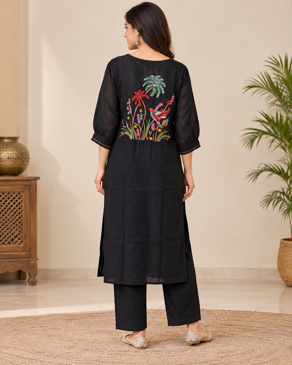 Natural Fab Women Black Embroidered Kurti Pant Set with V-Neck & Multicolor Back Motif