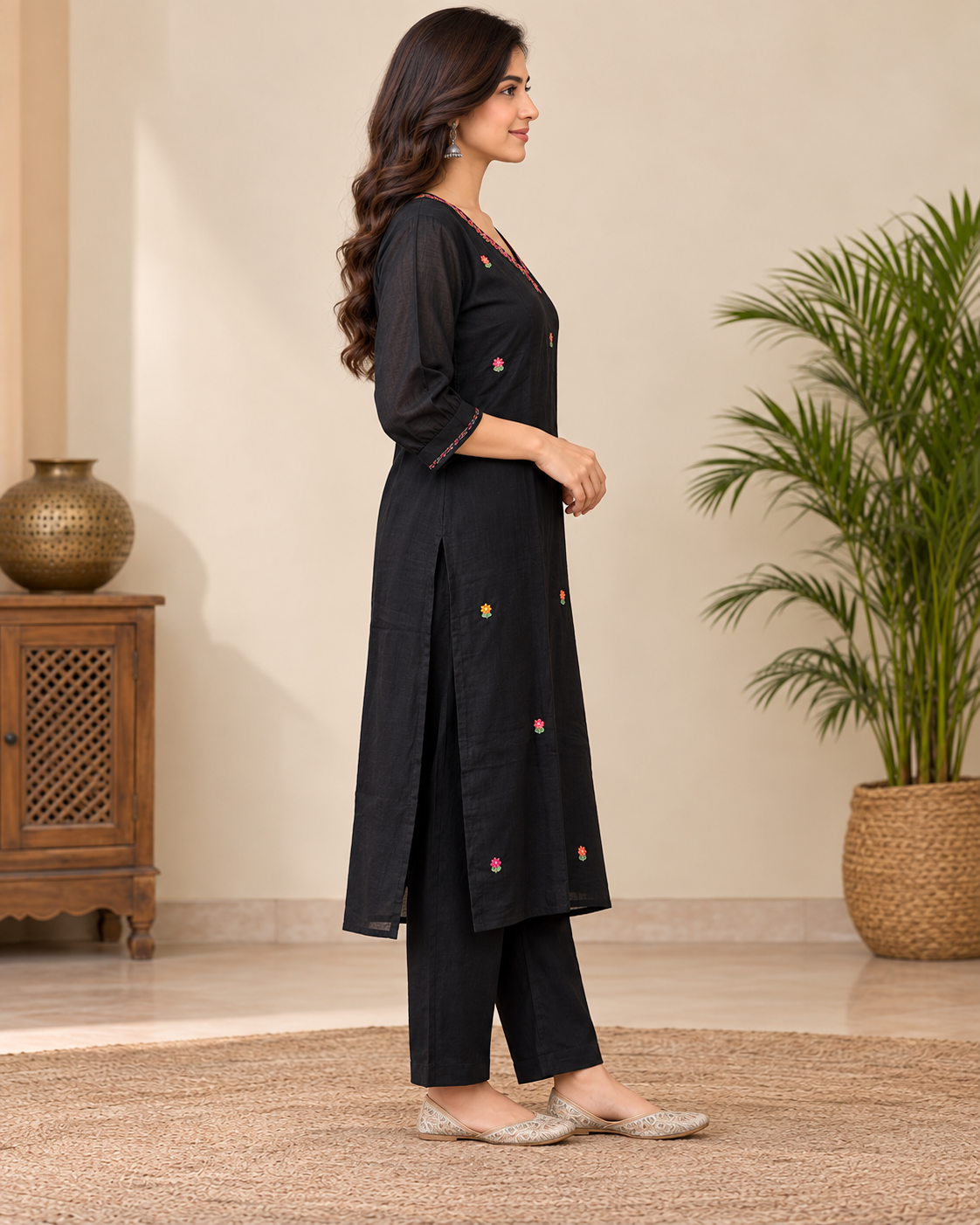Natural Fab Women Black Embroidered Kurti Pant Set with V-Neck & Multicolor Back Motif