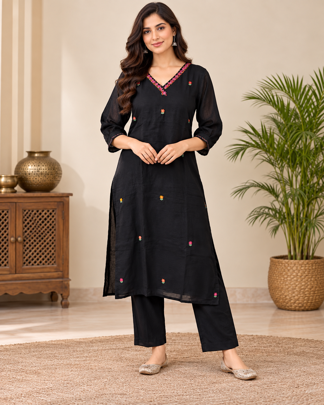 Natural Fab Women Black Embroidered Kurti Pant Set with V-Neck & Multicolor Back Motif