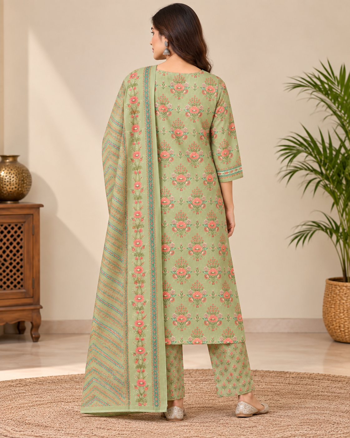 Natural Fab Women Sage Green Floral Printed Kurti Pant Set with Matching Dupatta | 3-Piece Ethnic Wear