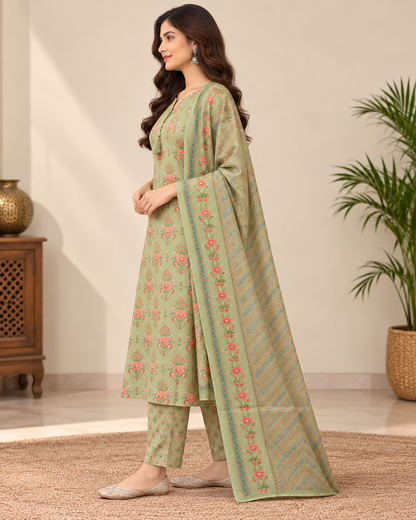 Natural Fab Women Sage Green Floral Printed Kurti Pant Set with Matching Dupatta | 3-Piece Ethnic Wear