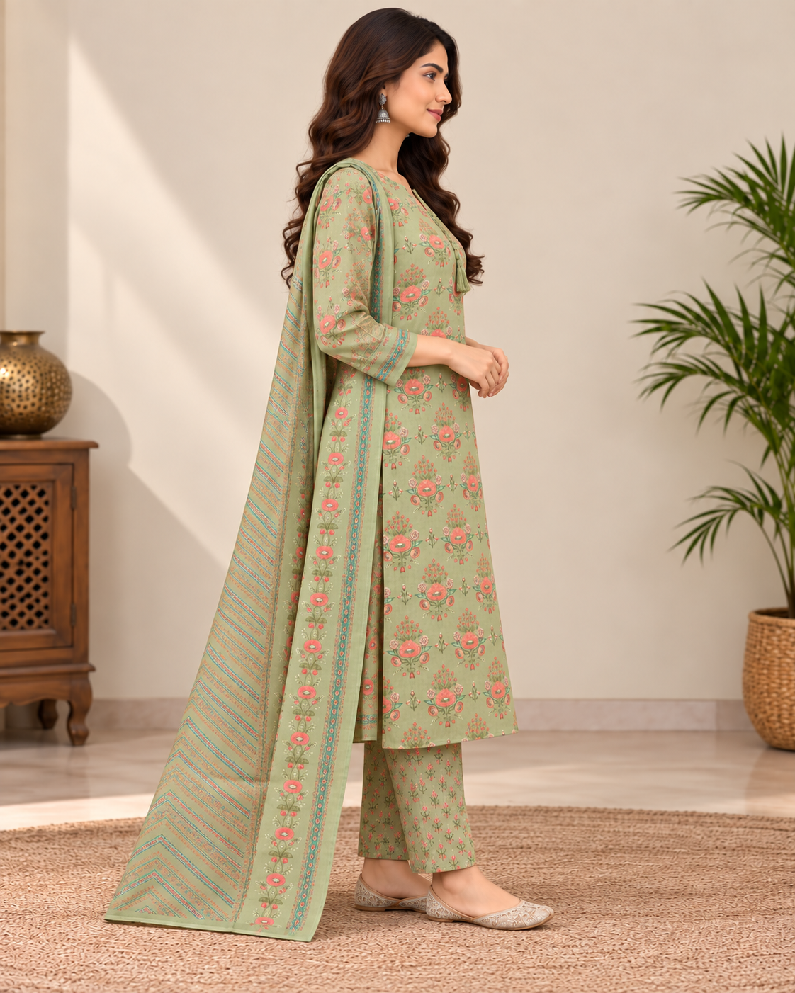 Natural Fab Women Sage Green Floral Printed Kurti Pant Set with Matching Dupatta | 3-Piece Ethnic Wear