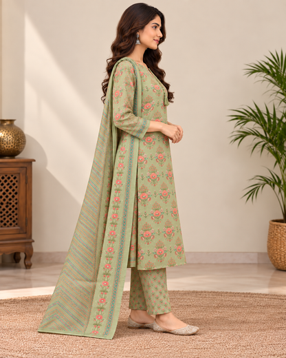 Natural Fab Women Sage Green Floral Printed Kurti Pant Set with Matching Dupatta | 3-Piece Ethnic Wear