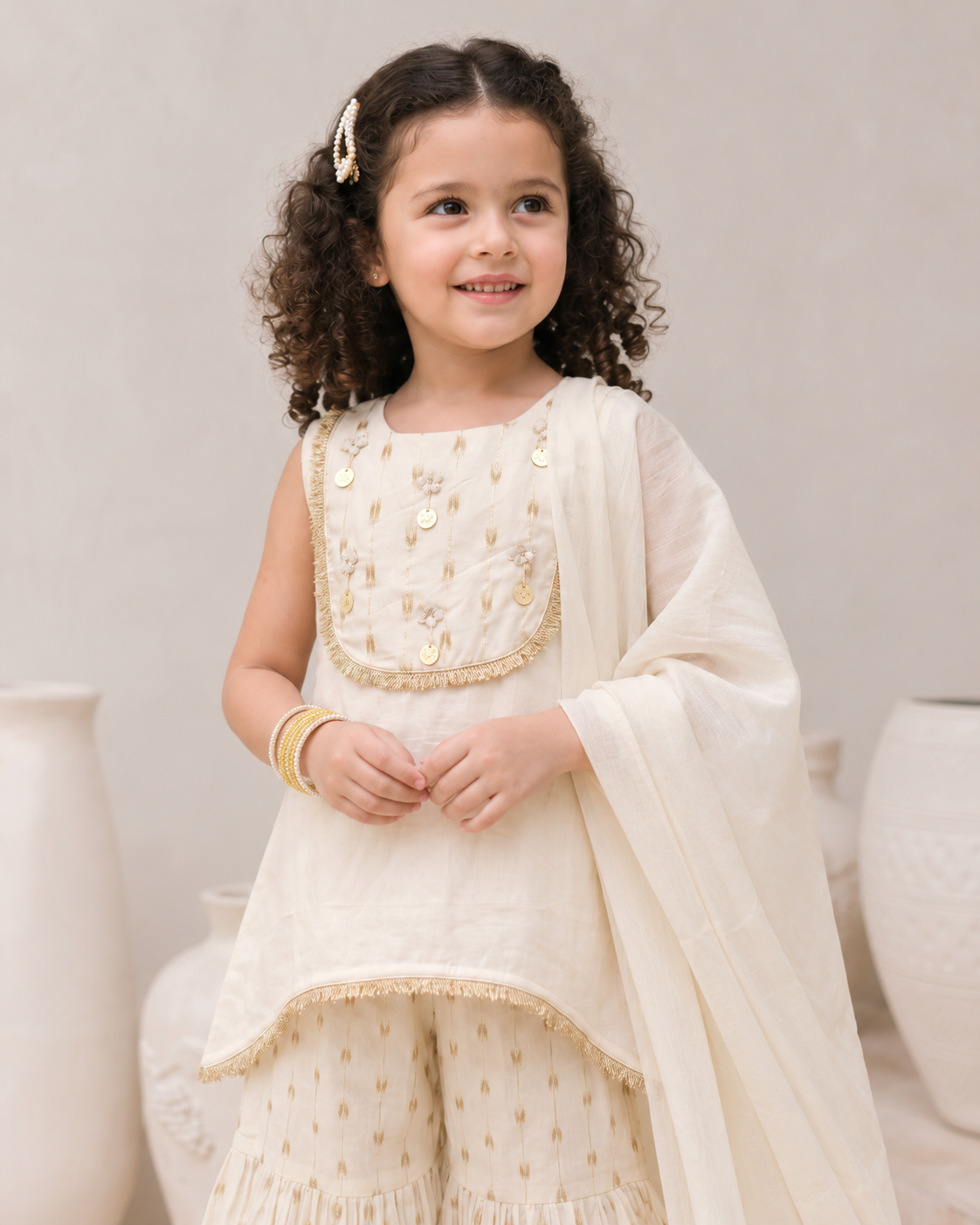 Natural Fab Girls Ivory Sharara Set with Dupatta & Gold Embroidery | Festive Ethnic Wear
