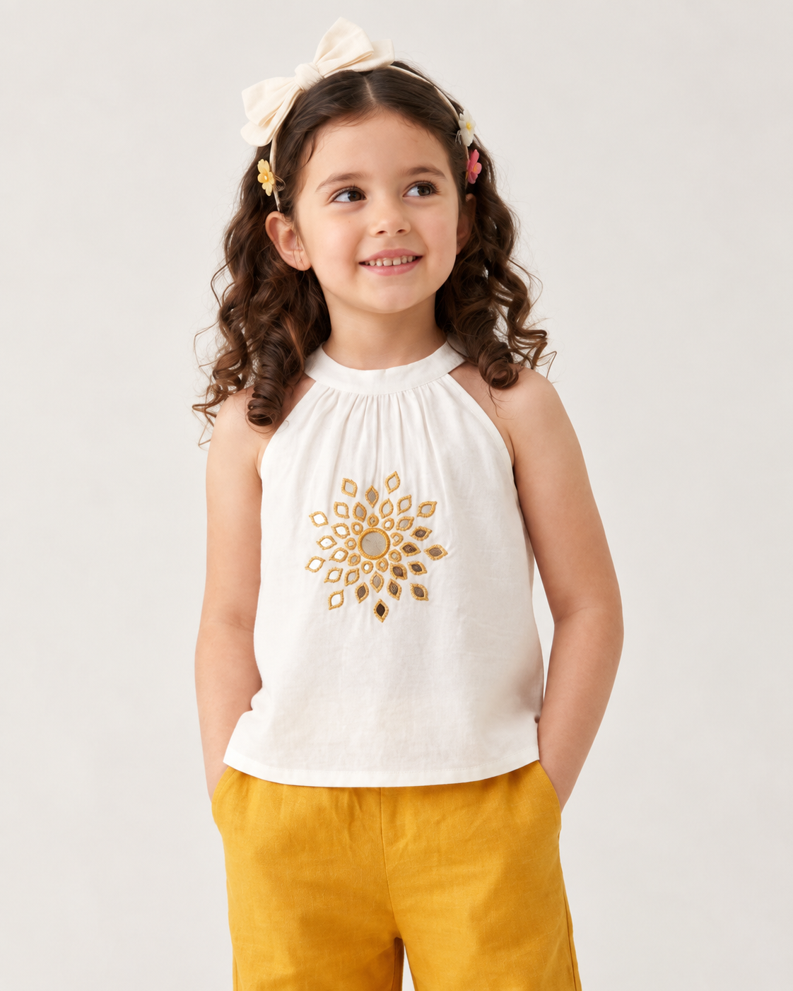 Natural Fab Girls White & Mustard Yellow Co-Ord Set with Embroidered Top & Wide-Leg Pants