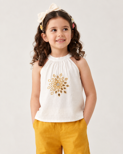 Natural Fab Girls White & Mustard Yellow Co-Ord Set with Embroidered Top & Wide-Leg Pants