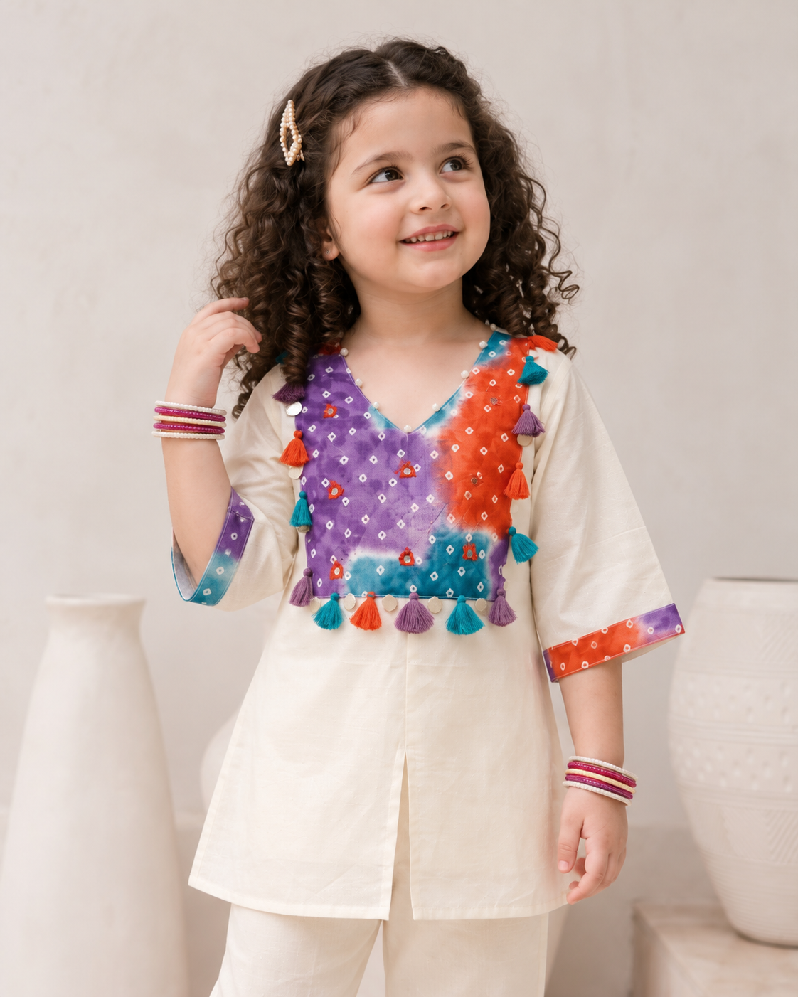 Natural Fab Girls Ivory Co-Ord Set with Multicolor Bandhani Panel, Tassels & Flared Pants