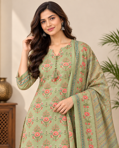 Natural Fab Women Sage Green Floral Printed Kurti Pant Set with Matching Dupatta | 3-Piece Ethnic Wear