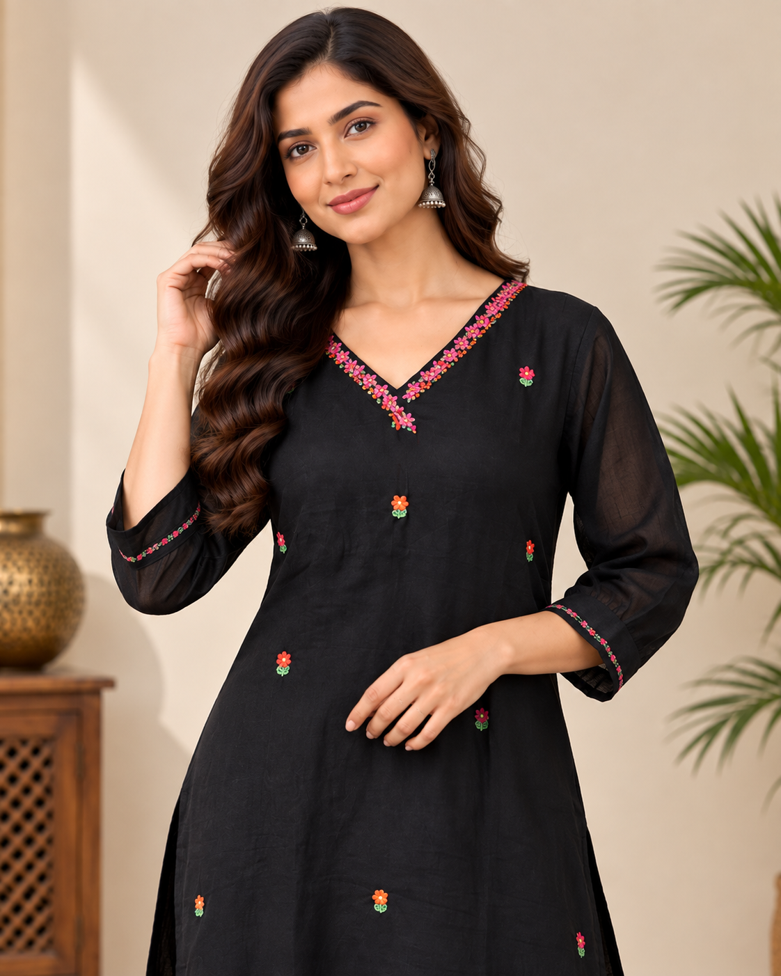 Natural Fab Women Black Embroidered Kurti Pant Set with V-Neck & Multicolor Back Motif