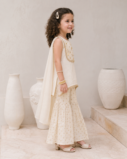 Natural Fab Girls Ivory Sharara Set with Dupatta & Gold Embroidery | Festive Ethnic Wear