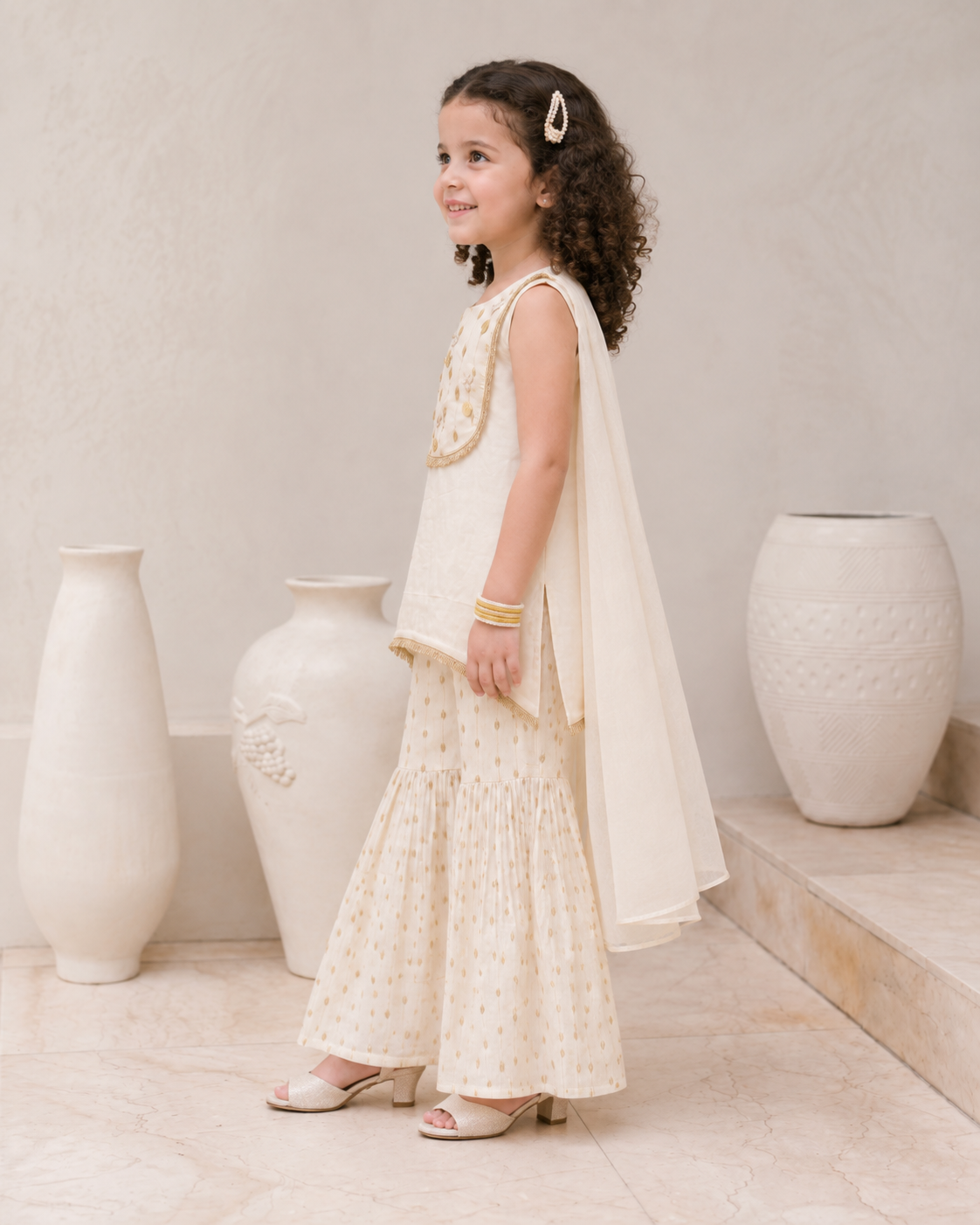 Natural Fab Girls Ivory Sharara Set with Dupatta & Gold Embroidery | Festive Ethnic Wear