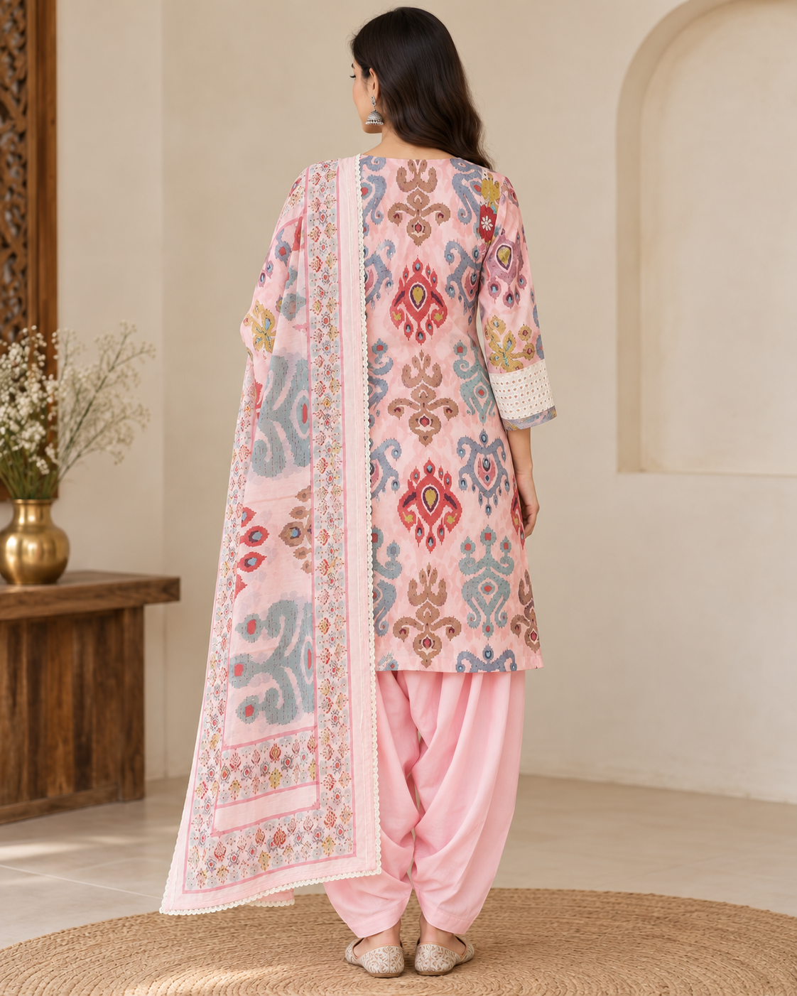 Women’s Pink Cotton Farsi Salwar Suit Set with Printed Kurti & Matching Dupatta