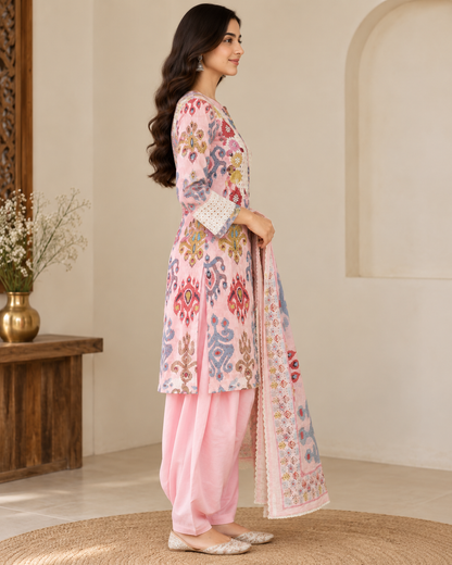 Women’s Pink Cotton Farsi Salwar Suit Set with Printed Kurti & Matching Dupatta