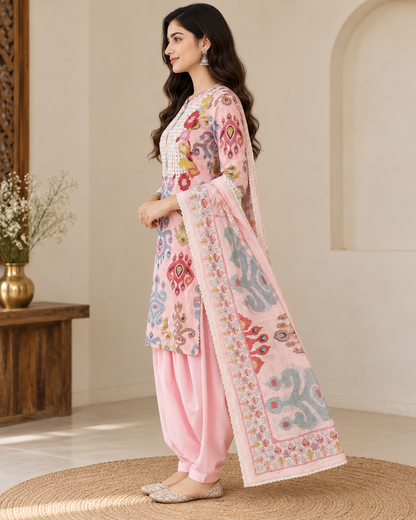 Women’s Pink Cotton Farsi Salwar Suit Set with Printed Kurti & Matching Dupatta