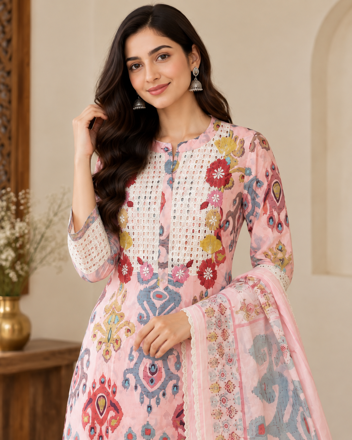 Women’s Pink Cotton Farsi Salwar Suit Set with Printed Kurti & Matching Dupatta