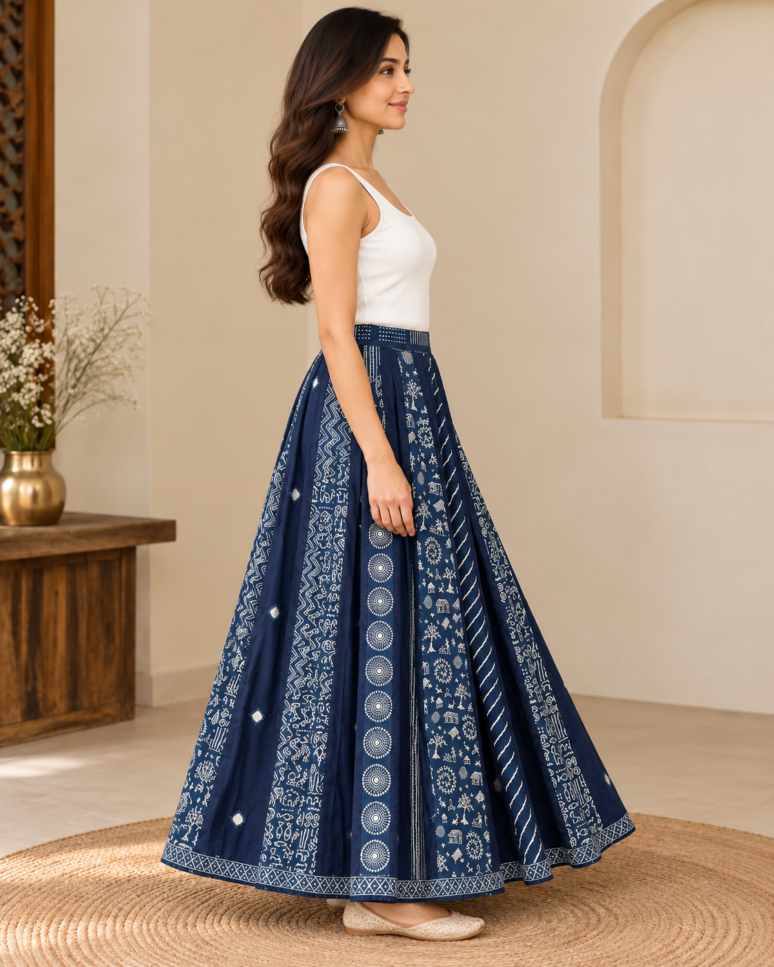 Women’s Navy Blue Cotton Mirror Work Flared Skirt with Ethnic Handcrafted Print
