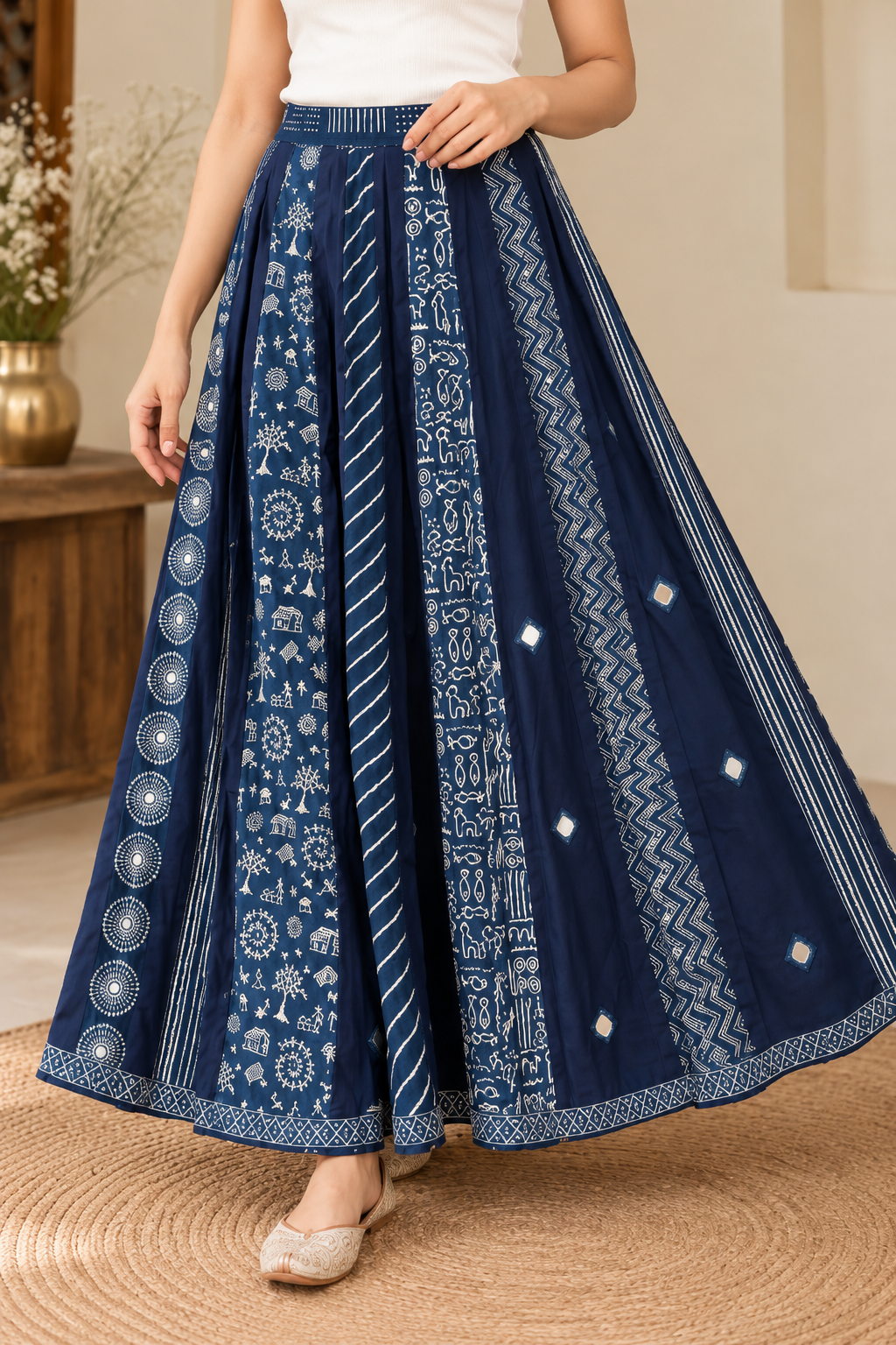 Women’s Navy Blue Cotton Mirror Work Flared Skirt with Ethnic Handcrafted Print