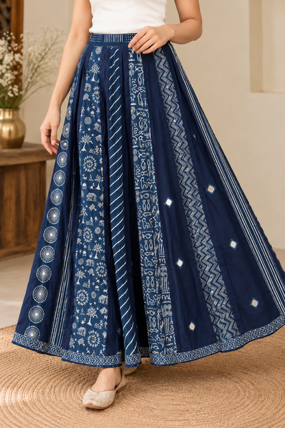 Women’s Navy Blue Cotton Mirror Work Flared Skirt with Ethnic Handcrafted Print