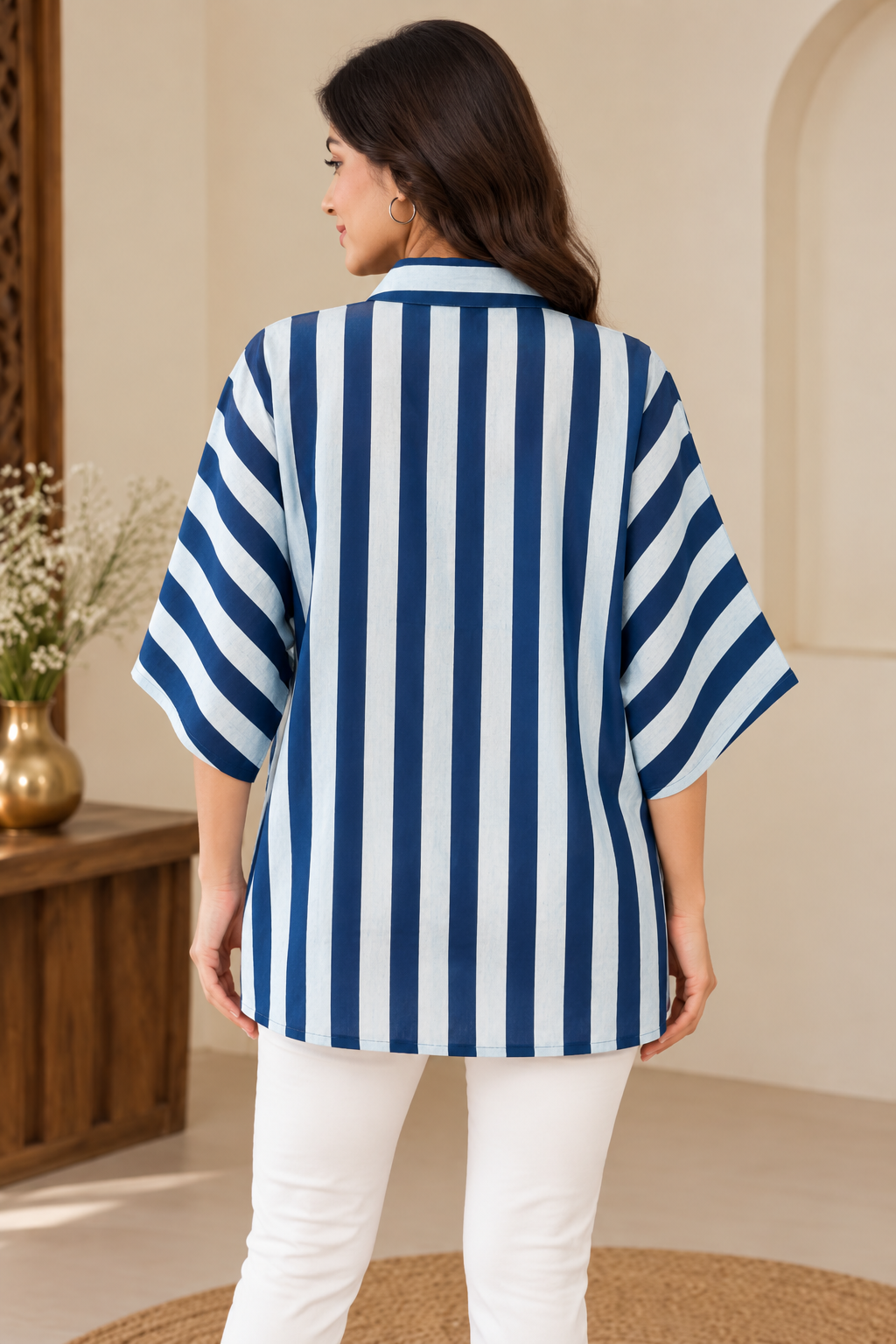 Women’s Indigo Hand Block Printed Cotton Kaftan Shirt with Stripes & Button-Down Collar