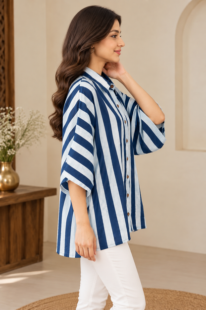 Women’s Indigo Hand Block Printed Cotton Kaftan Shirt with Stripes & Button-Down Collar