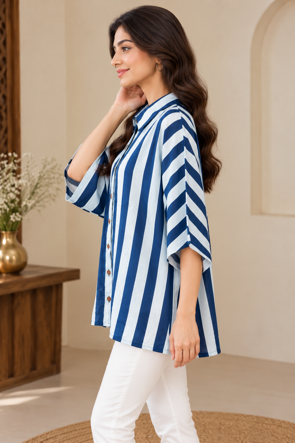 Women’s Indigo Hand Block Printed Cotton Kaftan Shirt with Stripes & Button-Down Collar