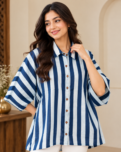 Women’s Indigo Hand Block Printed Cotton Kaftan Shirt with Stripes & Button-Down Collar