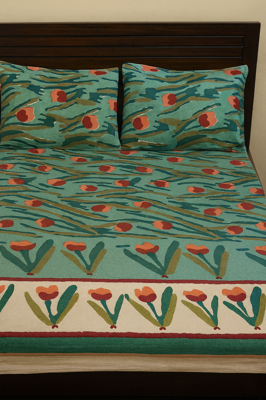 Floral Print Cotton Double Bedsheet with Pillow Covers – Green & Red Handblock Style | Size 100x108 Inches