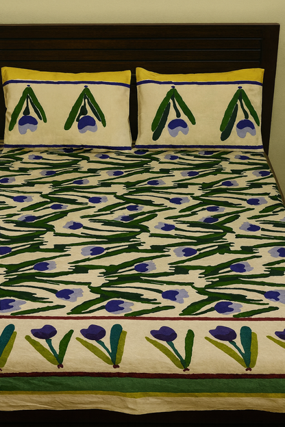 100% Cotton Double Bedsheet with Pillow Covers – Green & Blue Floral Print, Size 100x108 Inches