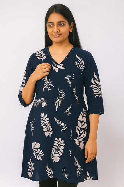 Women’s Navy Blue Cotton Kurti – Floral Printed Straight Fit with V-Neck and 3/4th Sleeves
