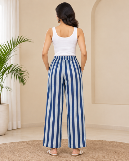 Naturalfab Women Indigo Hand Block Printed Cotton Wide-Leg Pants with Drawstring Waist & Side Pockets