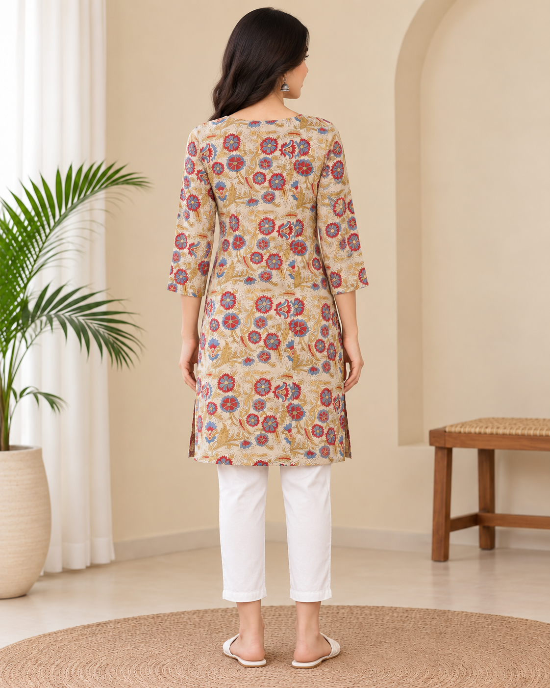 Naturalfab Women Hand Block Printed Knee-Length Cotton Kurti with 2 Side Pockets & 3/4 Sleeves