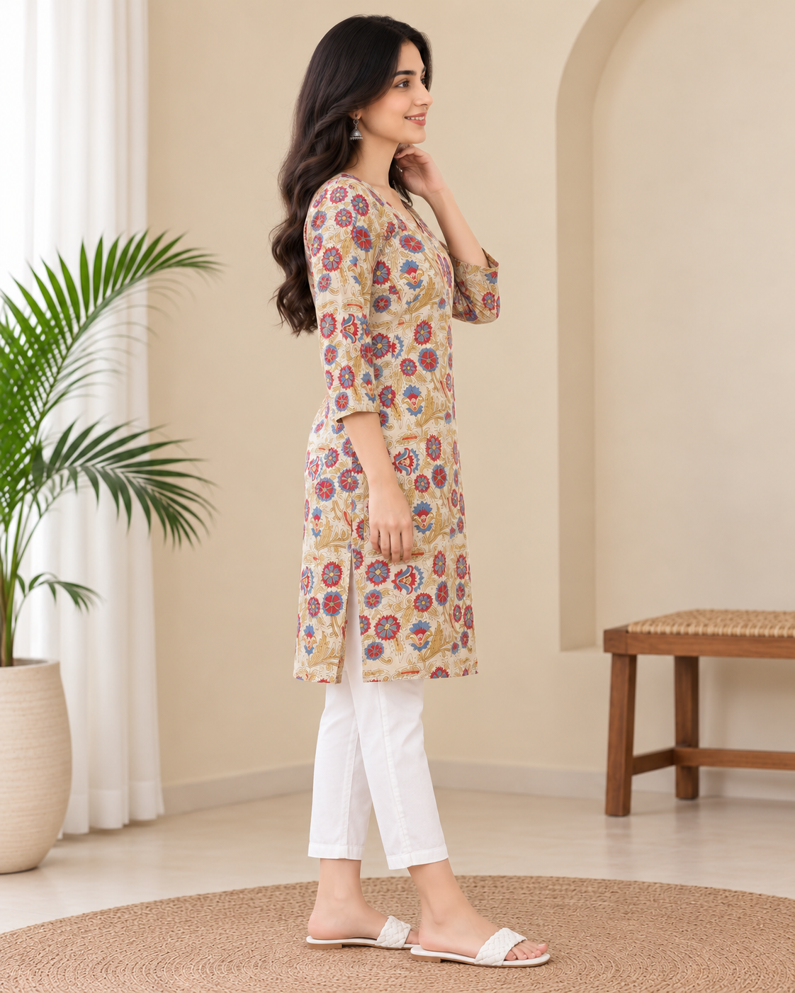 Naturalfab Women Hand Block Printed Knee-Length Cotton Kurti with 2 Side Pockets & 3/4 Sleeves