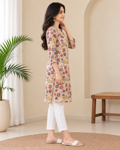 Naturalfab Women Hand Block Printed Knee-Length Cotton Kurti with 2 Side Pockets & 3/4 Sleeves