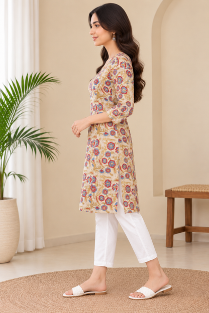 Naturalfab Women Hand Block Printed Knee-Length Cotton Kurti with 2 Side Pockets & 3/4 Sleeves
