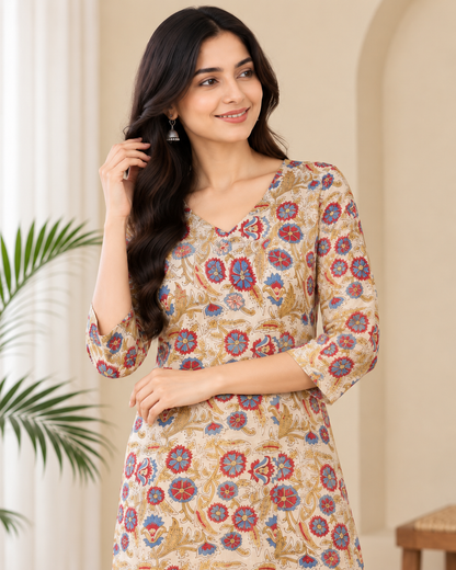 Naturalfab Women Hand Block Printed Knee-Length Cotton Kurti with 2 Side Pockets & 3/4 Sleeves