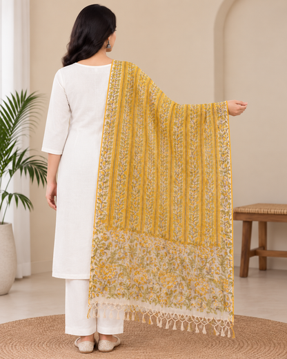 Naturalfab Amaya Women’s Mustard Yellow Floral Printed Kota Dupatta with Tassel Fringe & Border Detail