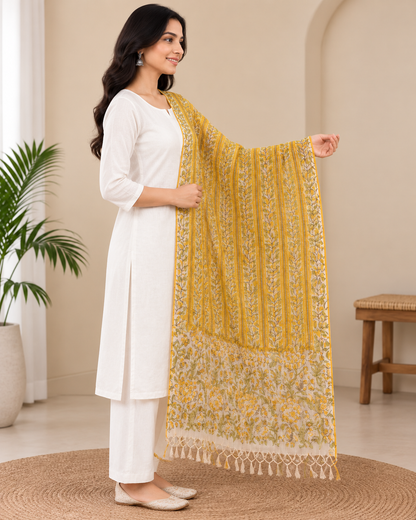 Naturalfab Amaya Women’s Mustard Yellow Floral Printed Kota Dupatta with Tassel Fringe & Border Detail