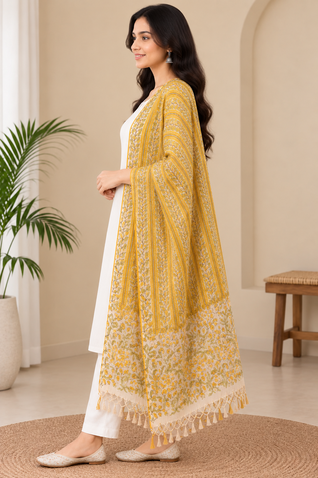 Naturalfab Amaya Women’s Mustard Yellow Floral Printed Kota Dupatta with Tassel Fringe & Border Detail