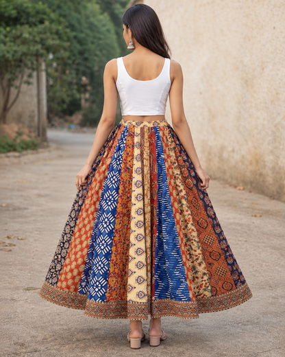 Women Multicolor Cotton Skirt – Patchwork Printed Flared Maxi Skirt | Ethnic Boho Long Skirt | Casual & Festive Wear | Natural Fab